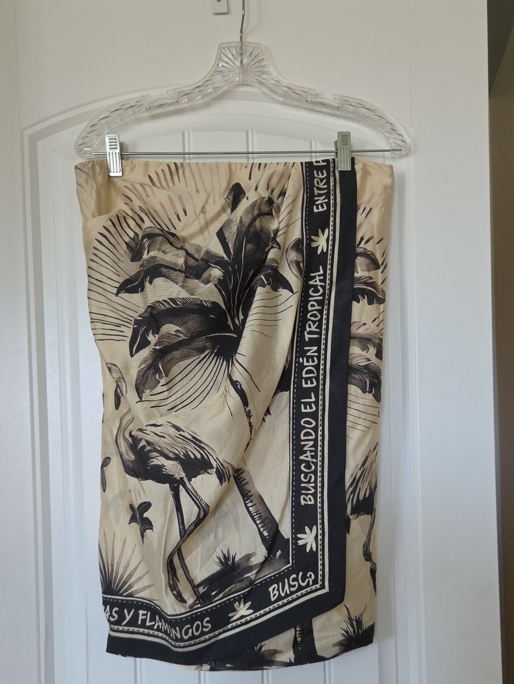 Beige Tropical Print Mini Dress with Black Flamingo Motif